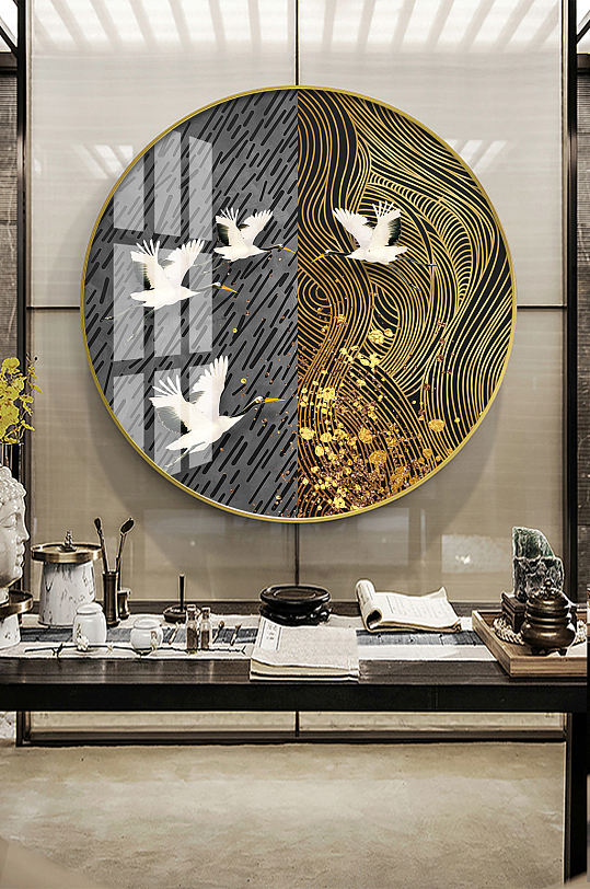 新中式金色线条仙鹤装饰画