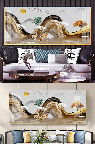 新中式抽象山水水墨麋鹿线条装饰画
