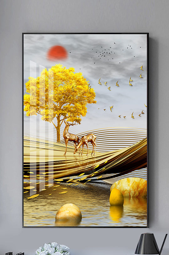 新中式轻奢发财树金色麋鹿线条装饰画