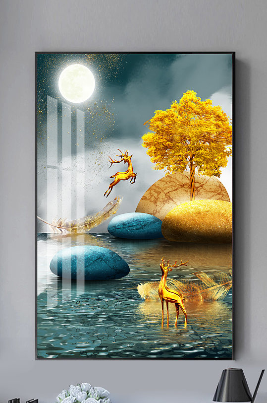 新中式轻奢金色发财树麋鹿装饰画-众图网