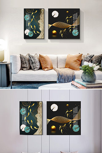 新中式烁金游鱼抽象线条荷叶装饰画