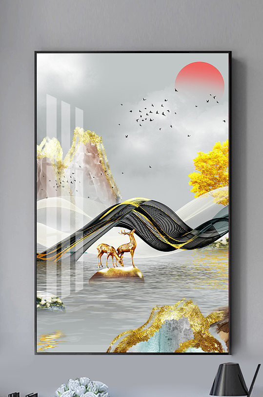 新中式鎏金山水麋鹿发财树线条装饰画