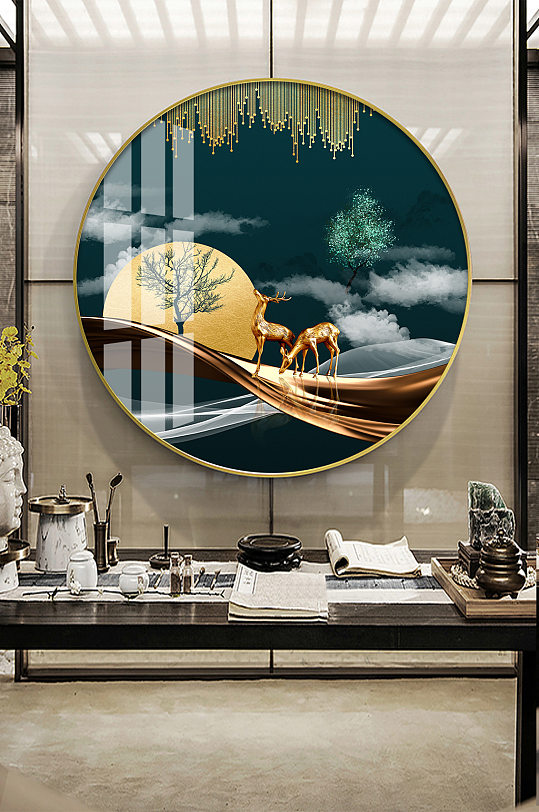 新中式轻奢金色麋鹿山水晶瓷装饰画