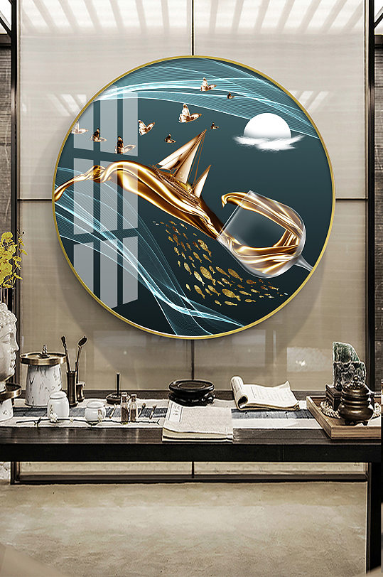 现代轻奢金色帆船高脚杯抽象线条装饰画