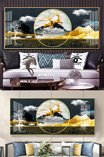 新中式金色山水麋鹿线条晶瓷装饰画