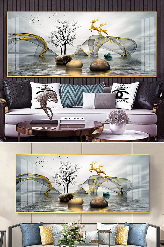 新中式金色麋鹿抽象线条石来运转装饰画-众图网
