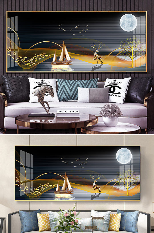 新中式金色麋鹿抽象线条帆船晶瓷装饰画