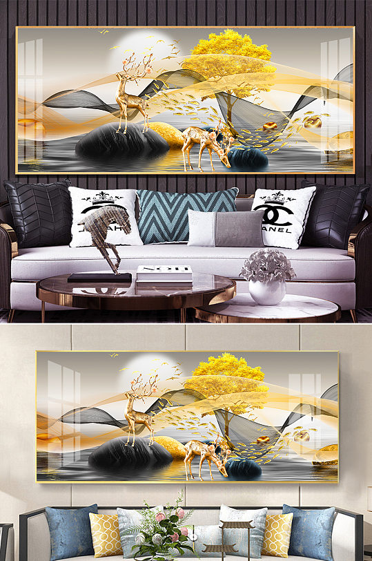 新中式金色抽象线条麋鹿石来运转装饰画