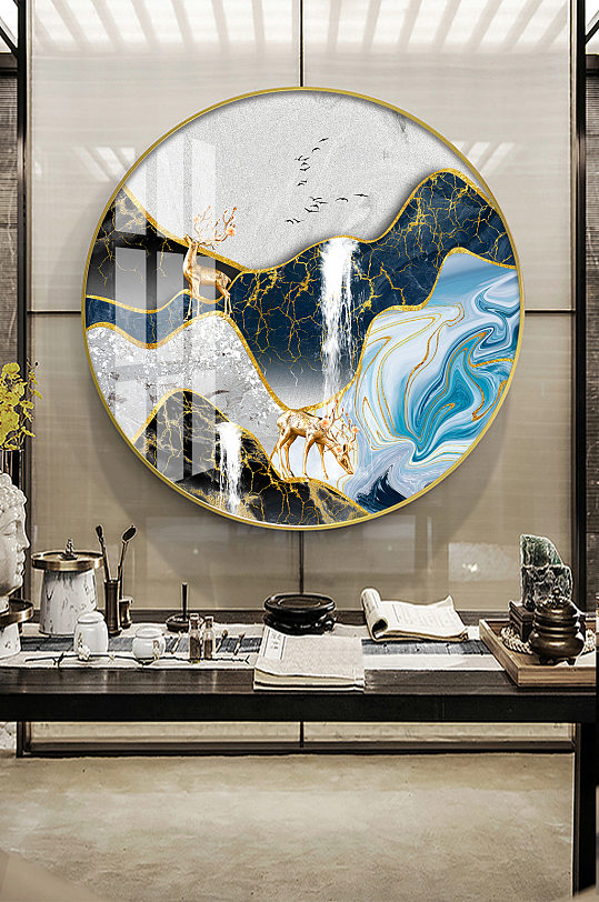 新中式抽象山水金色麋鹿瀑布装饰画