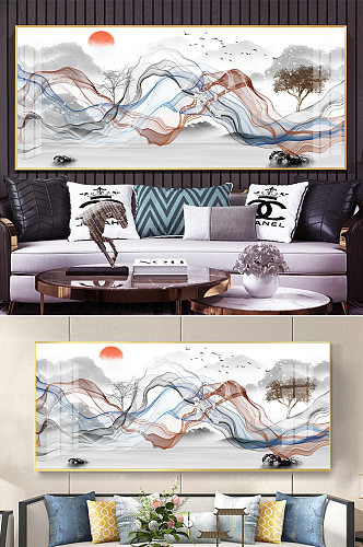 新中式水墨山水抽象线条装饰画