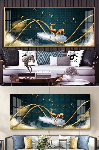 新中式轻奢金色麋鹿线条装饰画