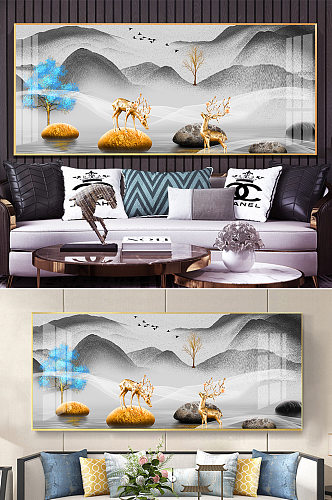 新中式水墨山水金色麋鹿石头装饰画