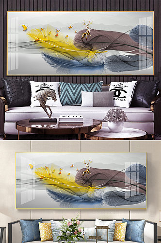 新中式水墨山水金色麋鹿羽毛线条装饰画