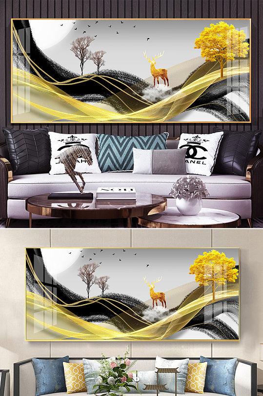 新中式抽象水墨线条金色麋鹿发财树装饰画