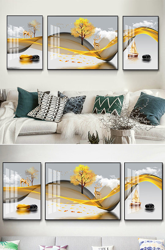 新中式抽象金色线条麋鹿发财树装饰画图片