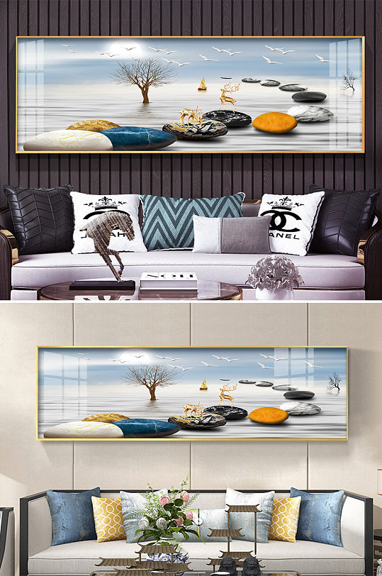 新中式石来运转金色麋鹿装饰画-众图网