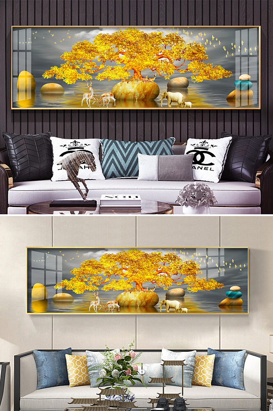 新中式金色发财树麋鹿石头装饰画图片
