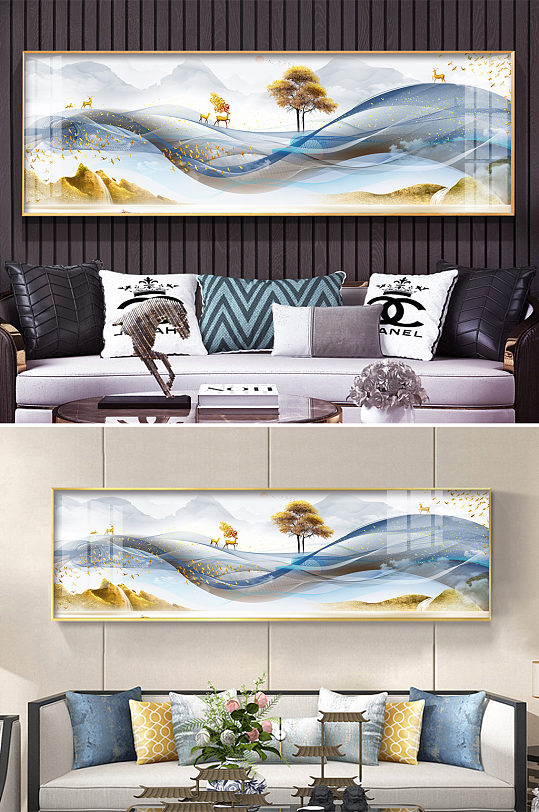 新中式山水抽象线条麋鹿发财树装饰画