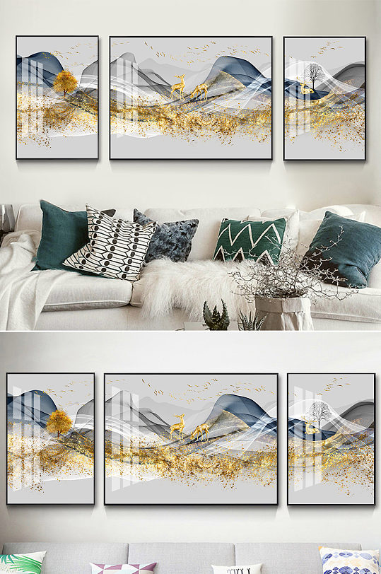 新中式抽象金色麋鹿山水线条装饰画