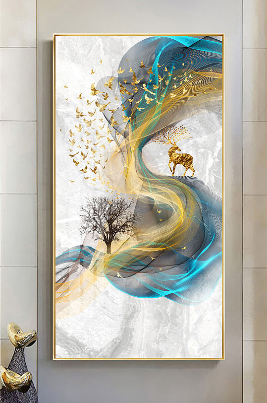 新中式抽象线条麋鹿大理石玄关画-众图网