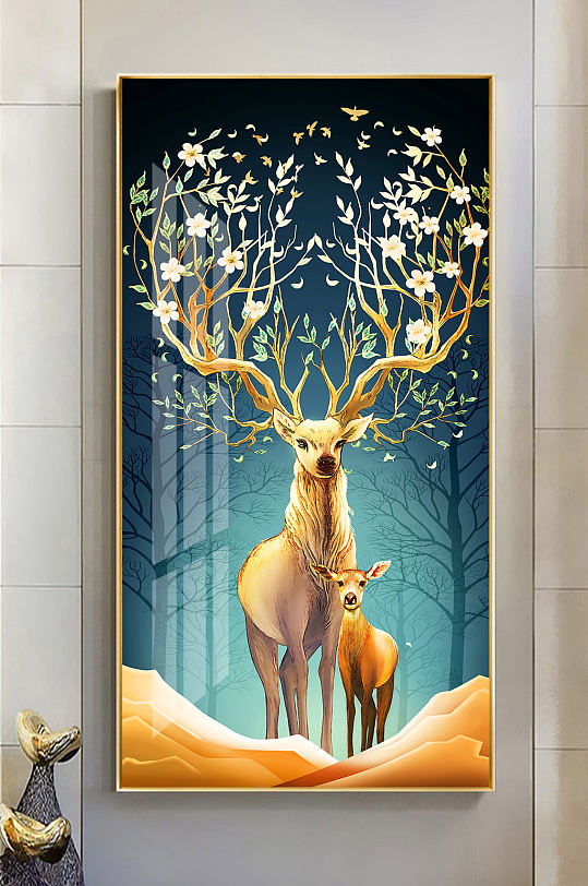 现代轻奢麋鹿金色晶瓷玄关装饰画