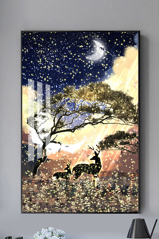 现代梦幻夜色麋鹿装饰画