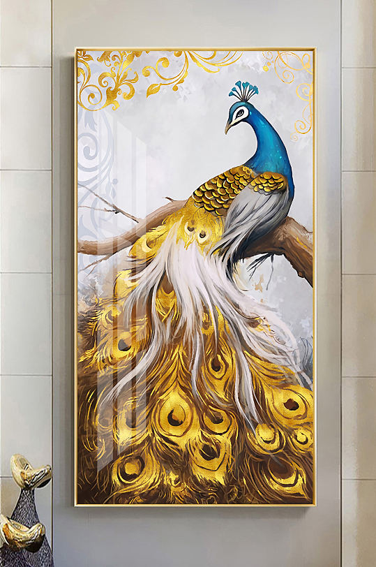 新中式金色孔雀玄关装饰画-众图网