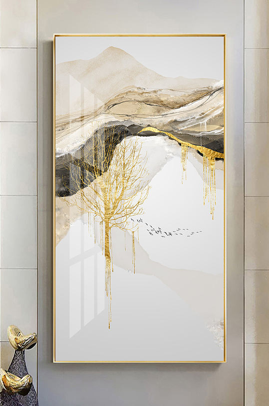 新中式山水线条金色玄关-众图网