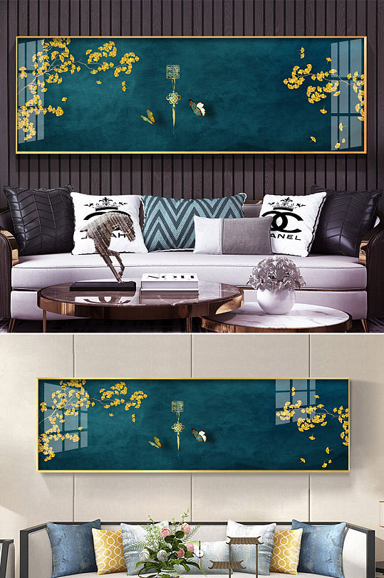 新中式银杏蝴蝶床头装饰画-众图网