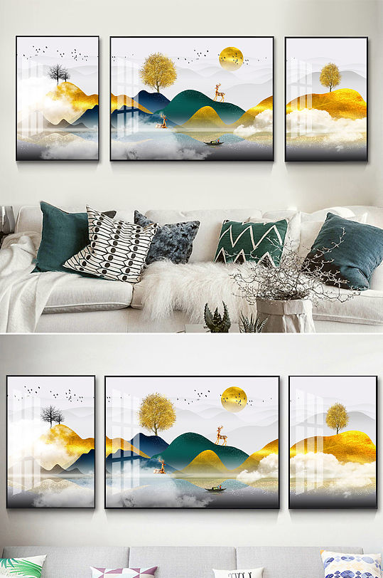 新中式山水金色麋鹿装饰画-众图网