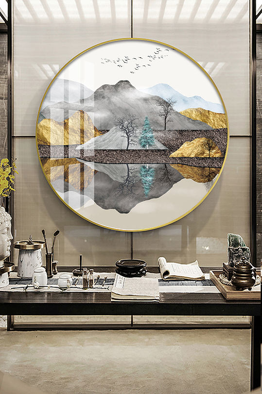 新中式抽象山水圆形装饰画-众图网