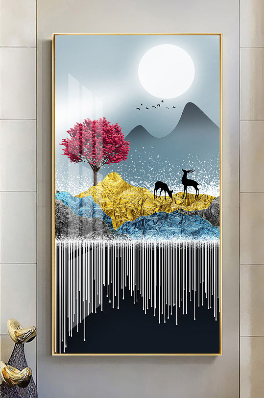 新中式水墨山水麋鹿玄關(guān)畫