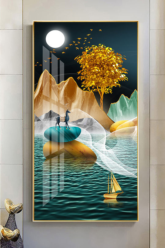 新中式山水麋鹿线条玄关-众图网