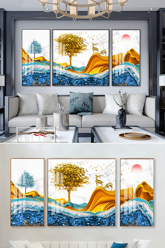 新中式抽象山水麋鹿装饰画-众图网