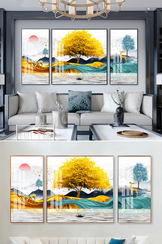 新中式金色飘带麋鹿装饰画-众图网