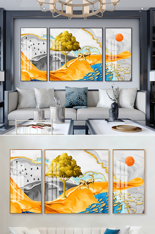 新中式金色麋鹿游鱼装饰画-众图网