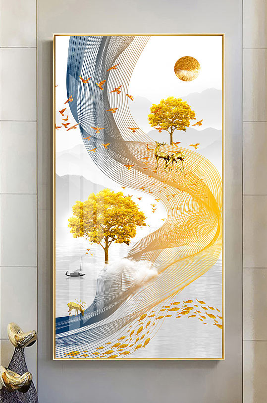 金色线条新中式麋鹿玄关-众图网