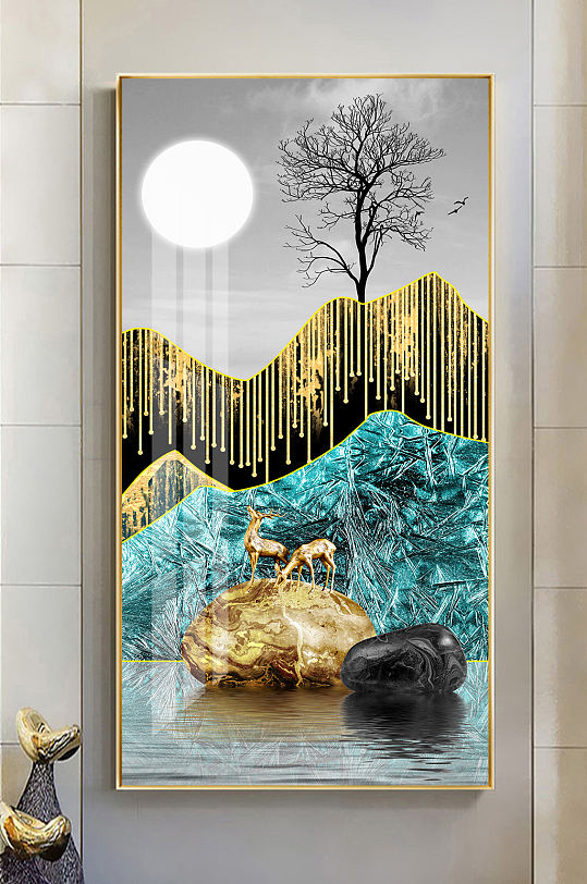 新中式金色麋鹿晶瓷玄关画