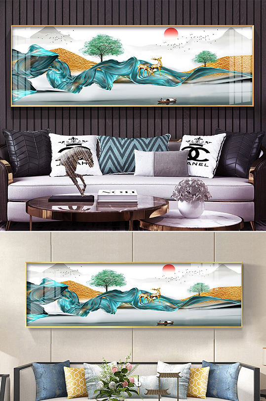 水墨山水新中式麋鹿装饰画-众图网
