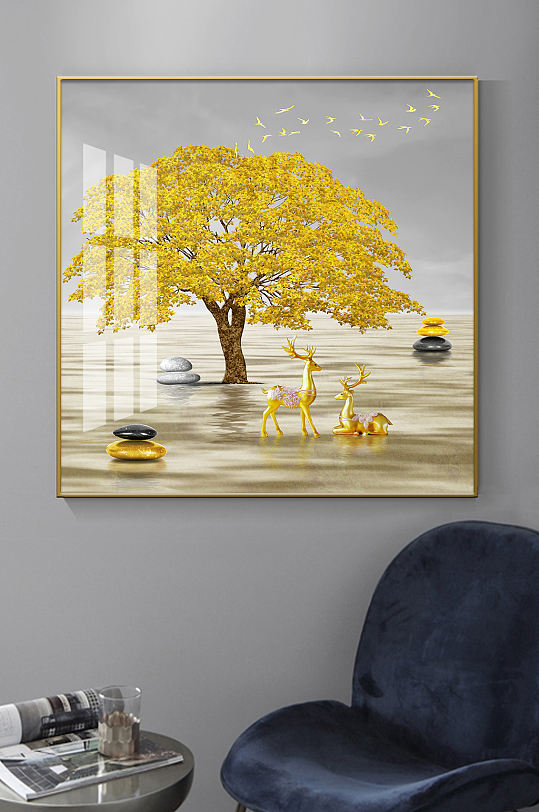 发财树新中式麋鹿装饰画-众图网