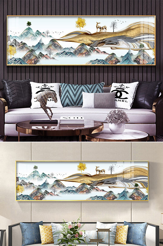 抽象山水新中式麋鹿装饰画-众图网