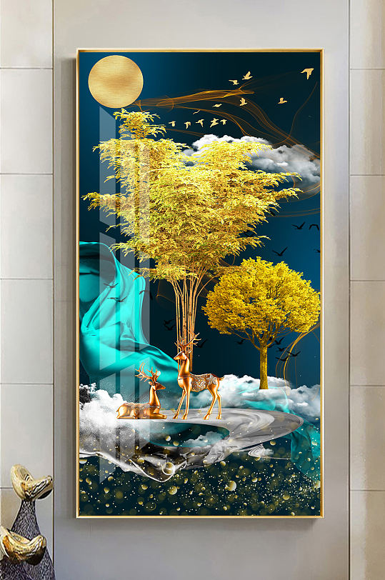 新中式轻奢发财树麋鹿玄关-众图网