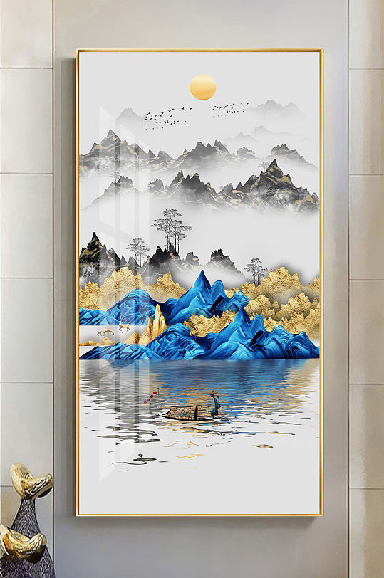 新中式抽象山水麋鹿玄关画