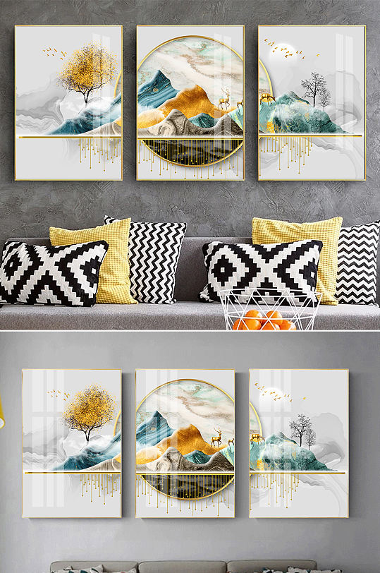 新中式抽象山水麋鹿装饰画-众图网