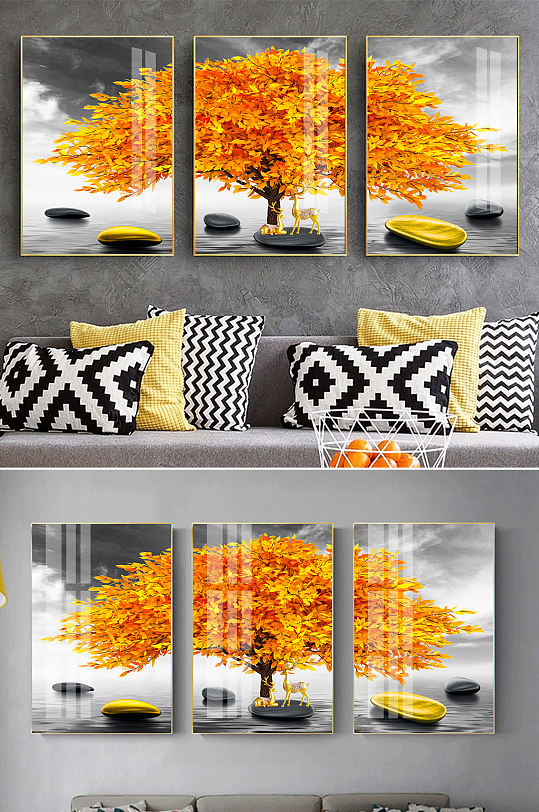 金色麋鹿发财树中式装饰画-众图网