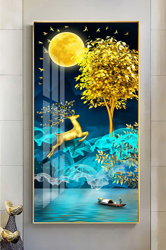 新中式发财树麋鹿装饰画-众图网