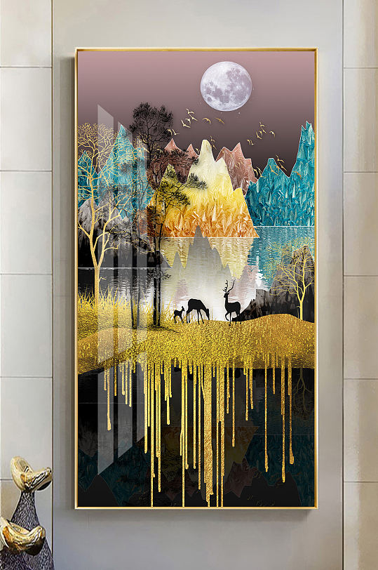 中式珐琅彩山水麋鹿装饰画-众图网