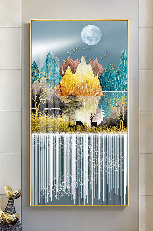 珐琅彩山水麋鹿中式装饰画-众图网