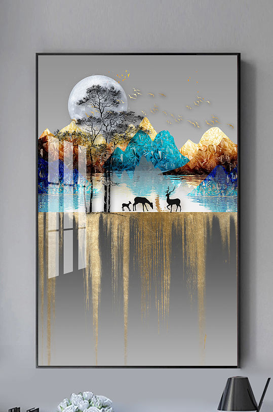 珐琅彩中式山水麋鹿装饰画-众图网