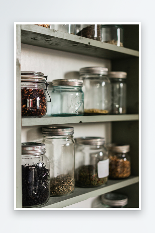 储物架上的玻璃罐装香料-众图网